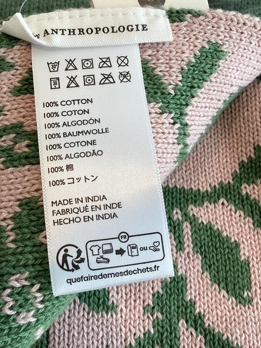 Anthropologie Bunny Throw Blanket Cotton Knit New Green Pink Bunnies 50x70